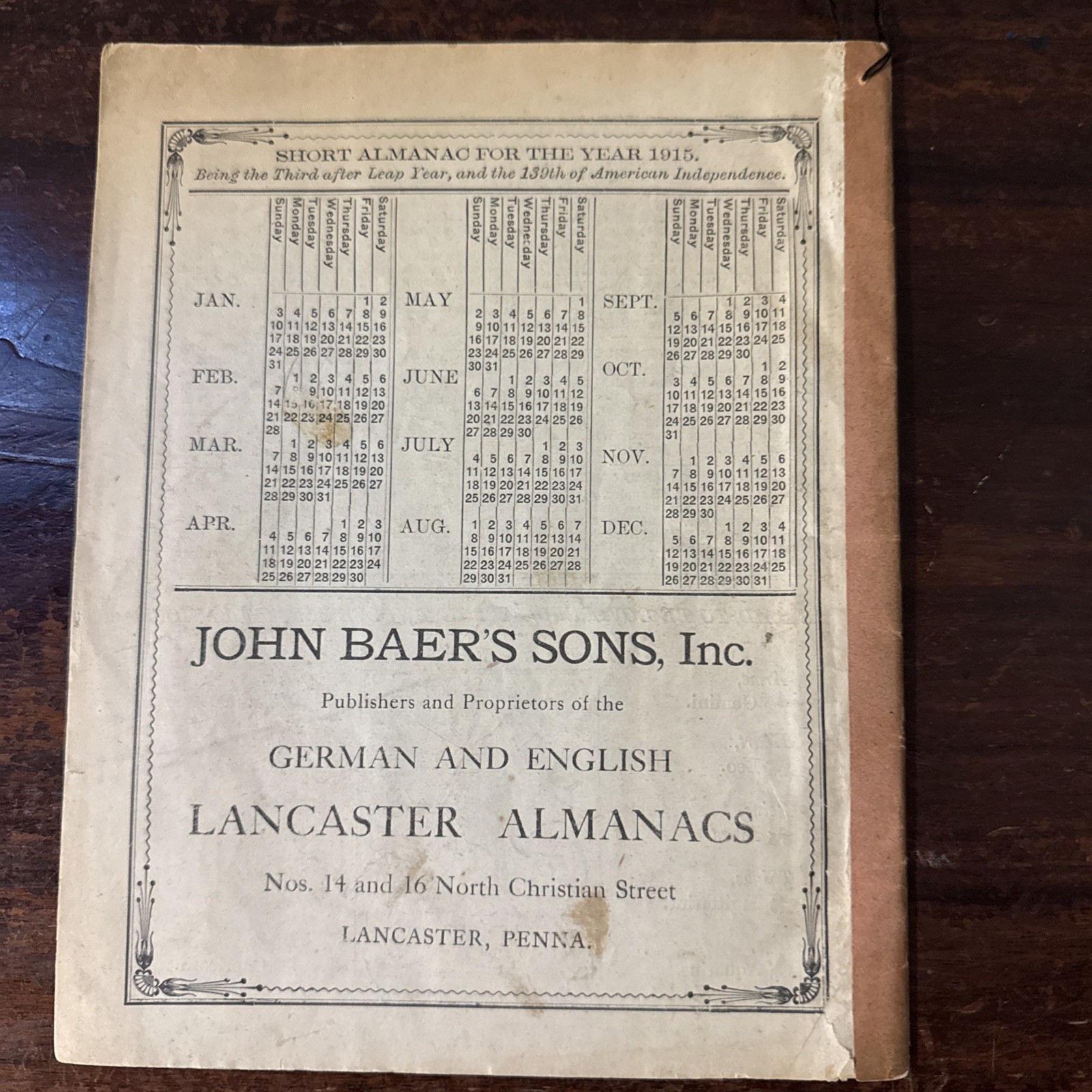 Vintage John Baer’s Agricultural Almanacs dated 1919, 1923 & 1929 Lancaster PA