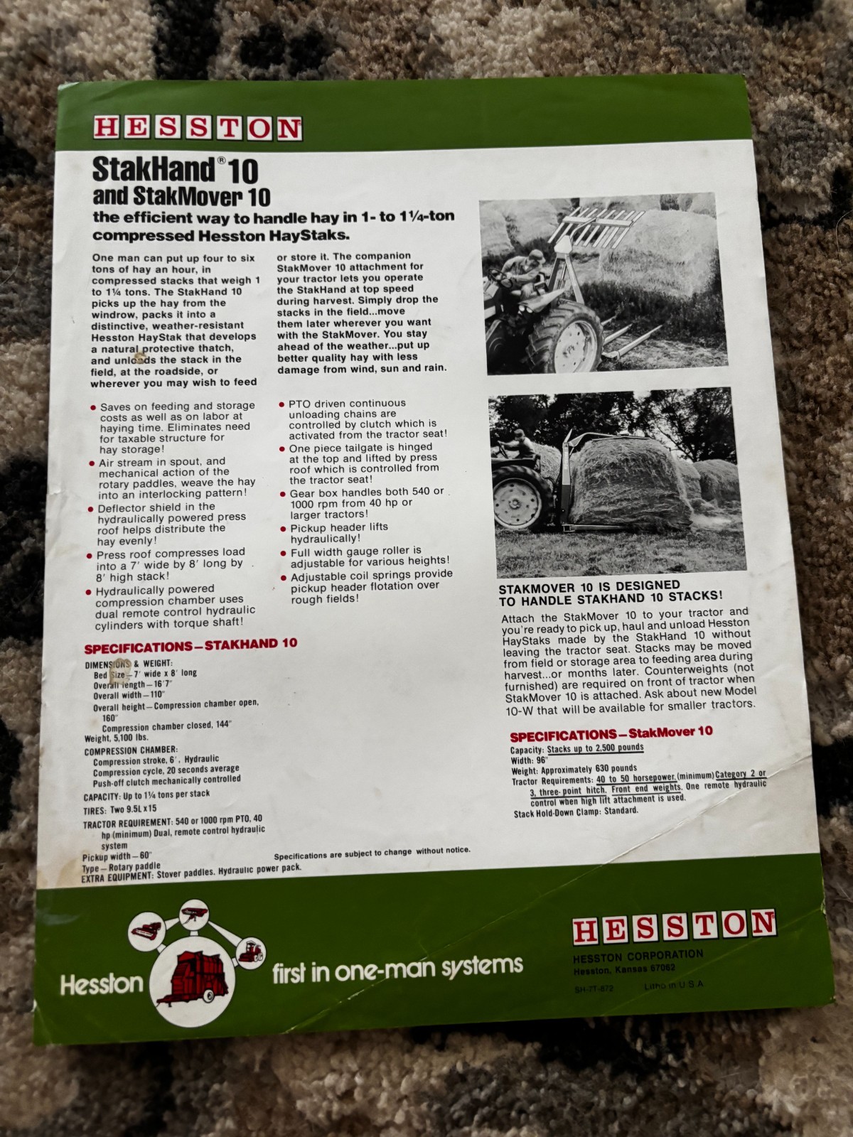 Hesston Stakhand 10 & StakMover 10 For 1972 Brochure DCPA26