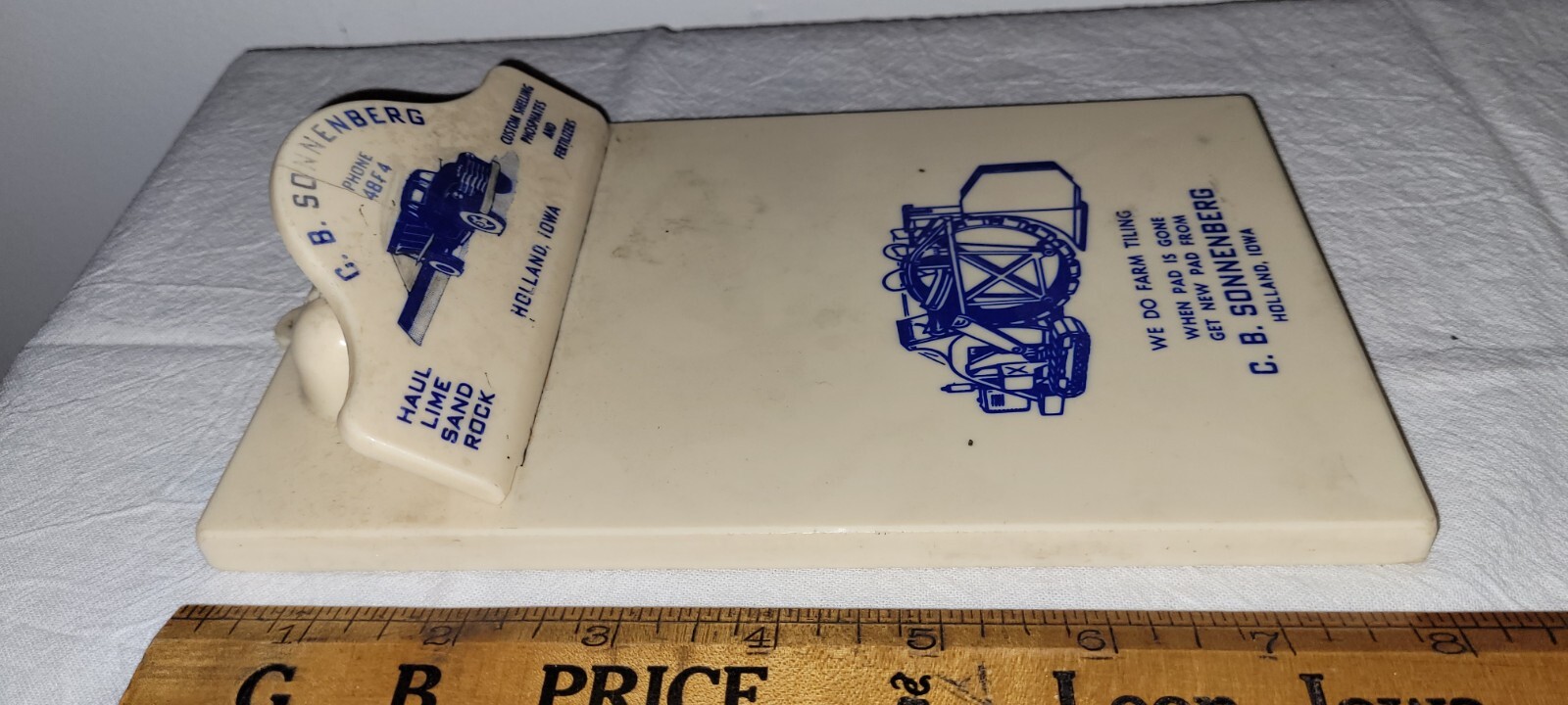 vtg C.B. SONNENBERG Trucking & Tiling HOLLAND IOWA Clip Board Plastic 1940’s