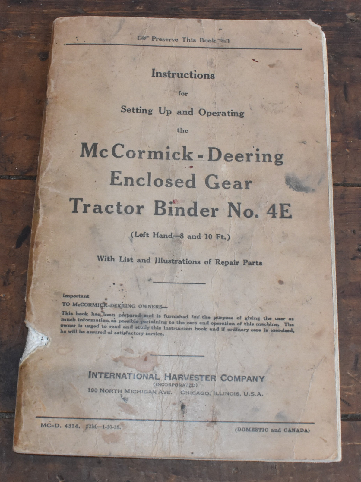 McCormick Deering International Harvester Enclosed Gear Tractor Binder 4E Manual