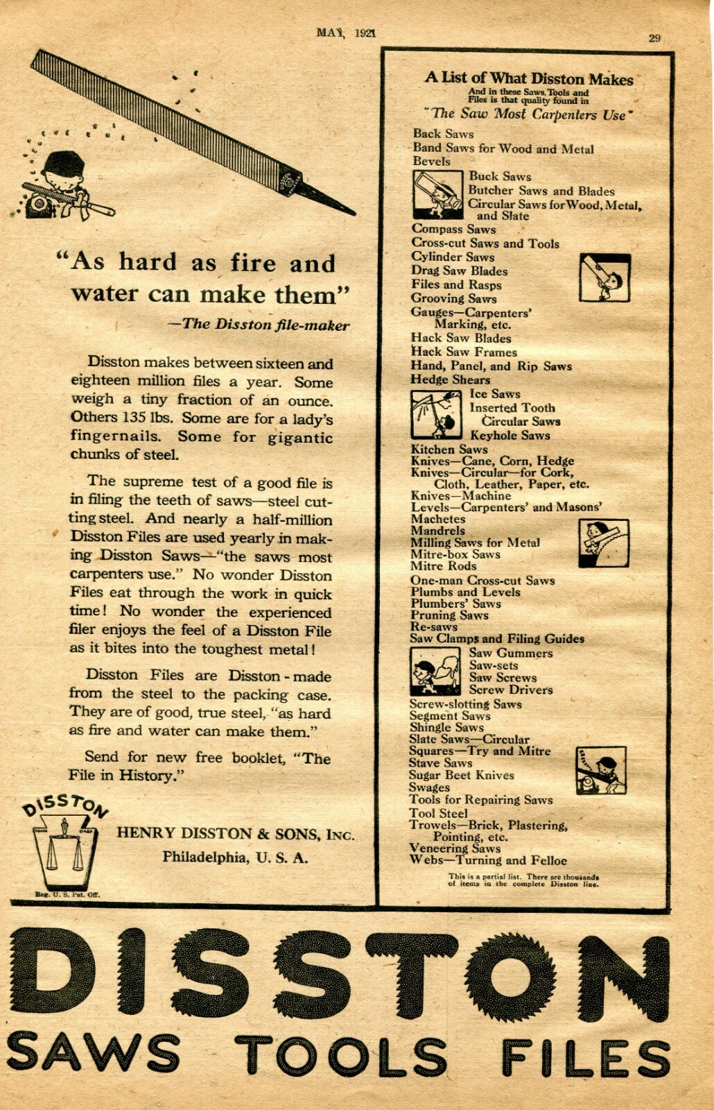 1921 Print Ad of Henry Disston & Sons Files list of what disston makes