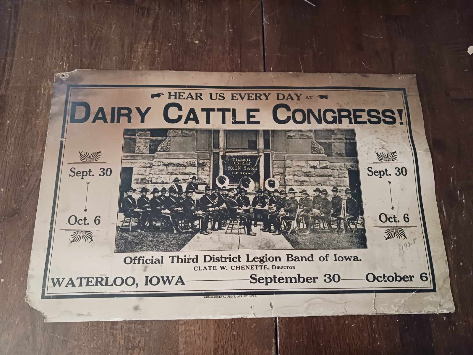 1925 DAIRY CATTLE CONGRESS POSTER SIGN LEGION BAND WATERLOO ACKLEY IOWA 22″ X 14