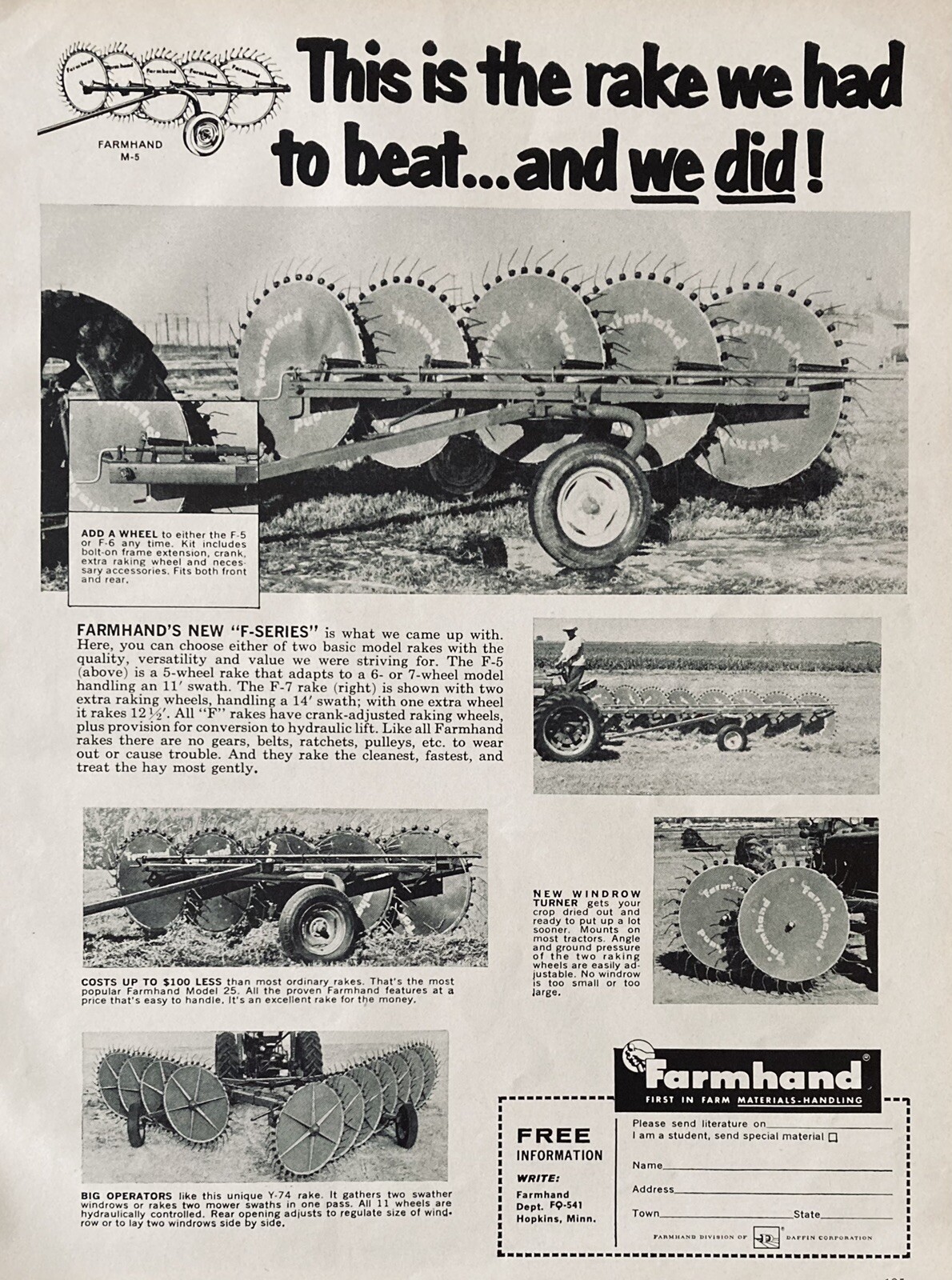 1964 AD.(XH38)~FARMHAND DIV. DAFFIN CO. HOPKINS, MINN. FARMHAND F-SERIES RAKES
