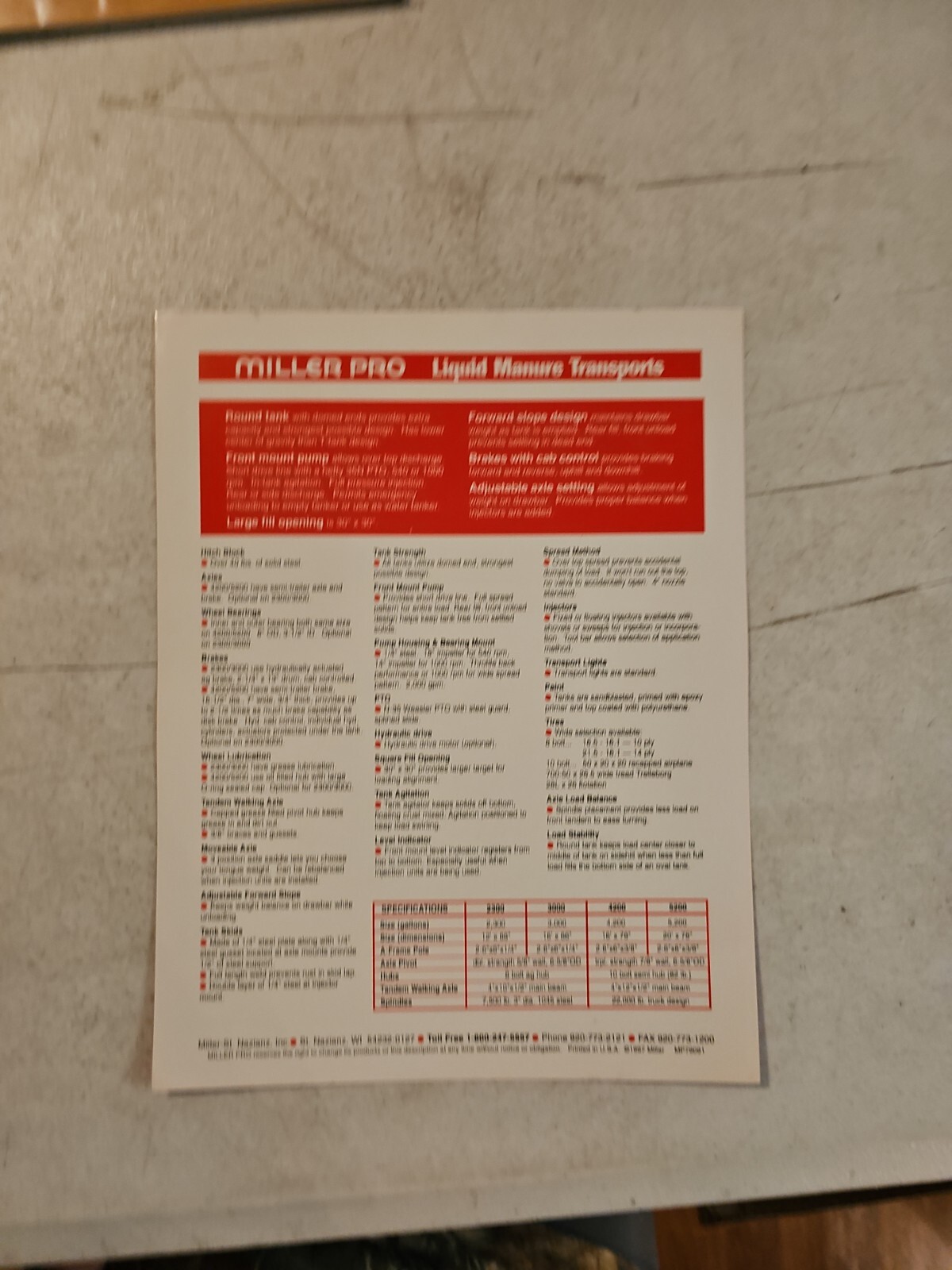 Miller Pro Liquid Manure Transports Sales Brochure Spec Sheet