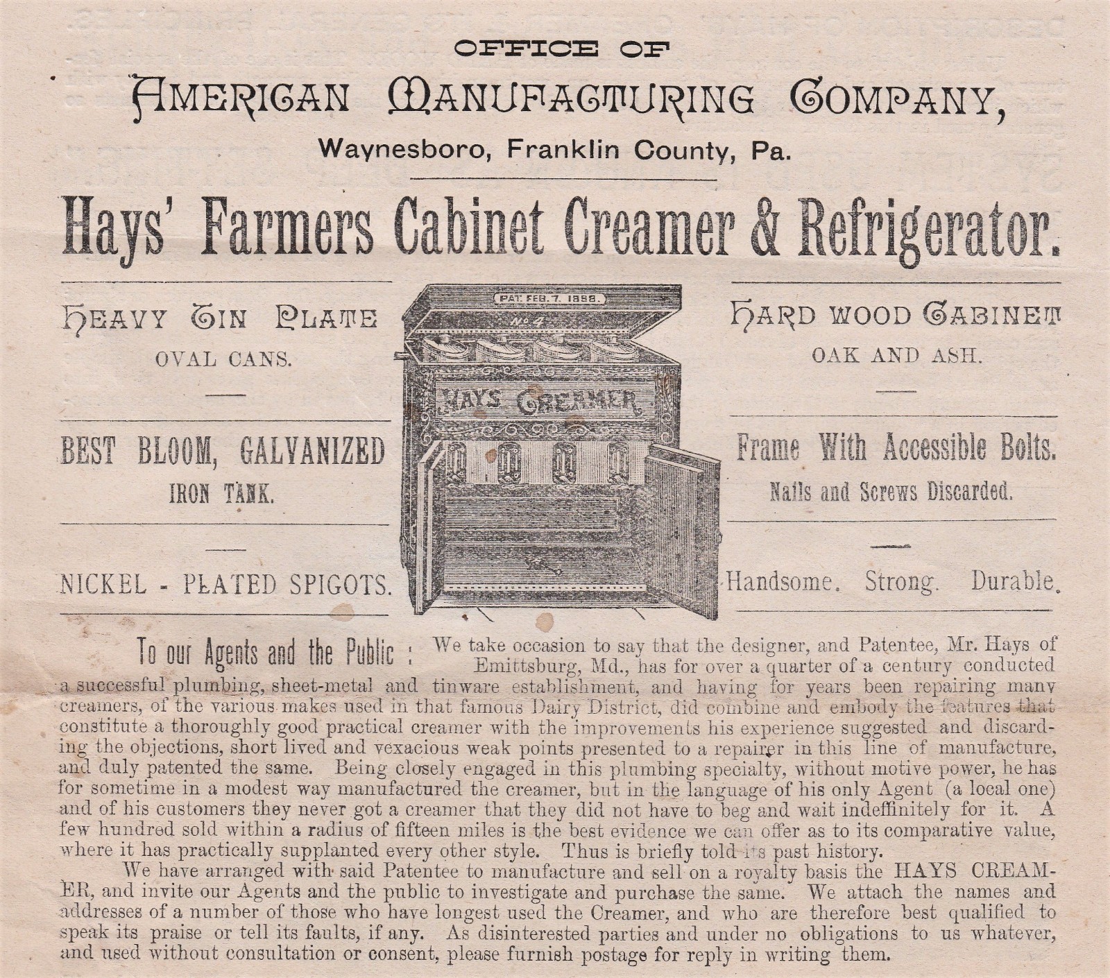 RARE Advertising Catalog / Flyer Hays Farmers Cabinet Creamer 1880 Waynesboro PA
