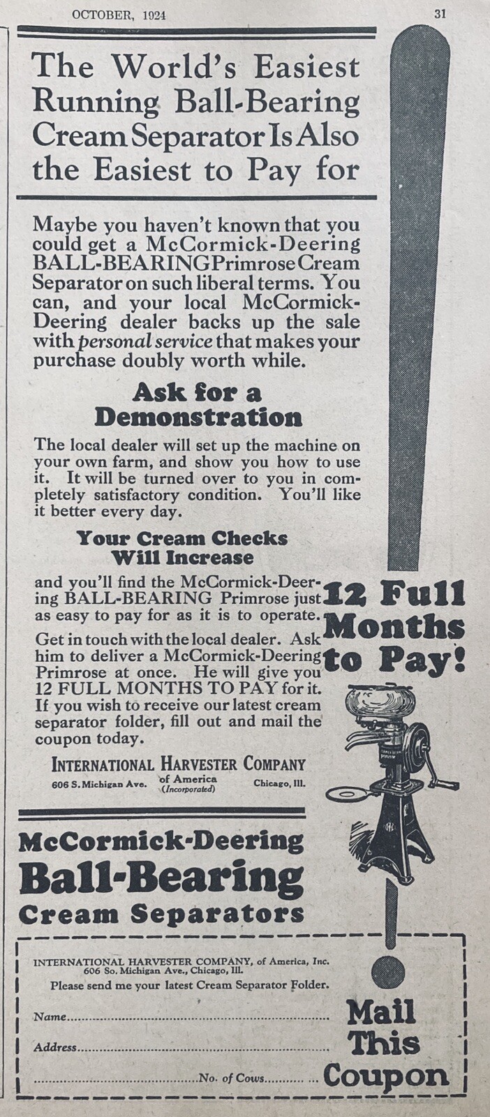1924 AD(XG6)~INTERNATIONAL HARVESTER CO. MCCORMICK-DEERING CREAM SEPARATORS