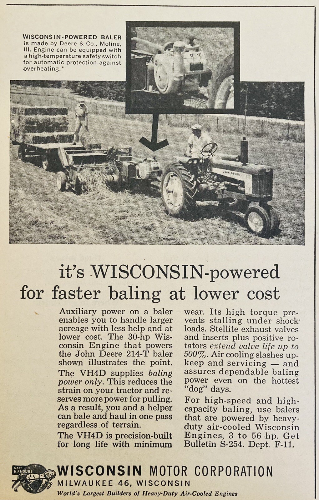 1961 AD.(XH75)~WISCONSIN MOTOR CO. MILW., WIS. BALER MOTOR FOR JOHN DEERE