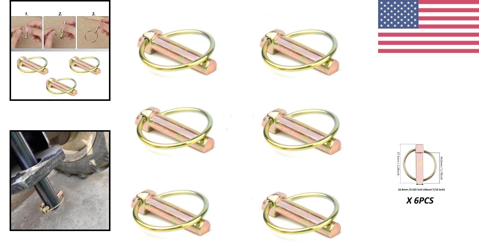 7/16 Inch Linch Pin Assortment Kit 6 PCS Heavy Duty for Tractors and Mowers
