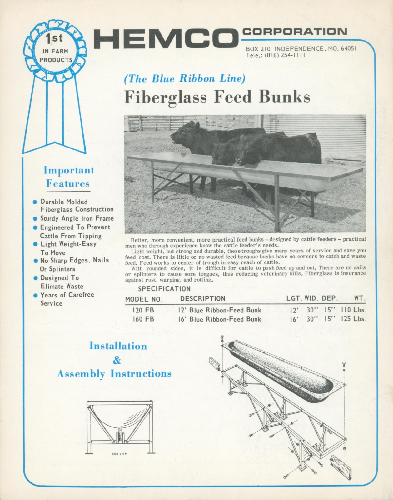 1972 Hemco Fiberglass Feed Bunks Cattle Salt Feeder Tool Box Farming Brochure