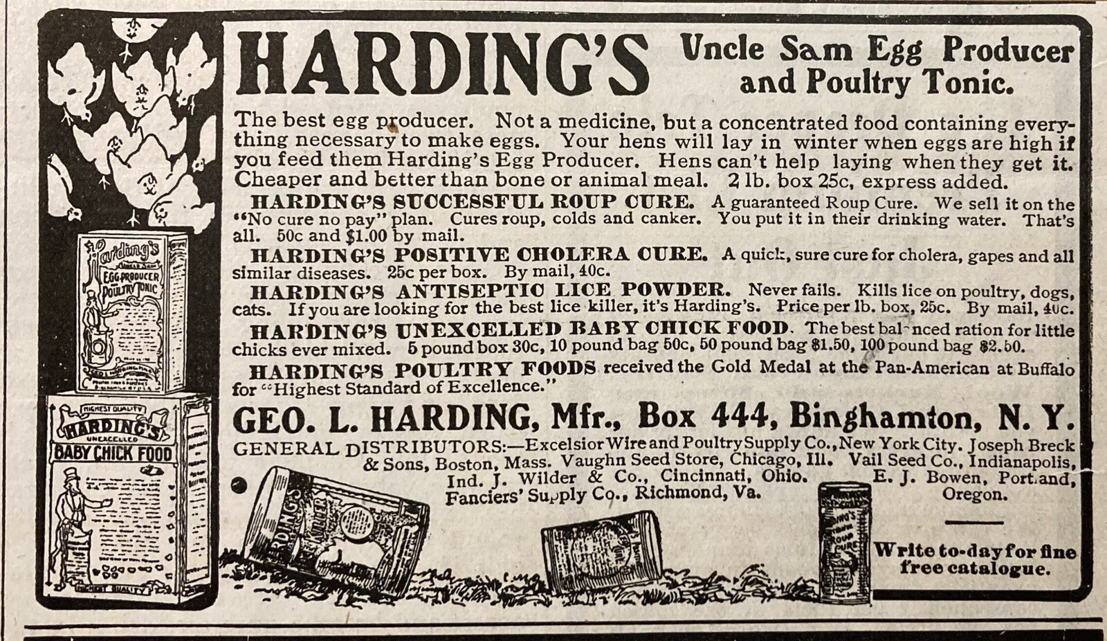 1903 AD.(XH63)~GEO. L. HARDING MFG. CO. BINGHAMTON, NY. UNCLE SAM POULTRY TONIC