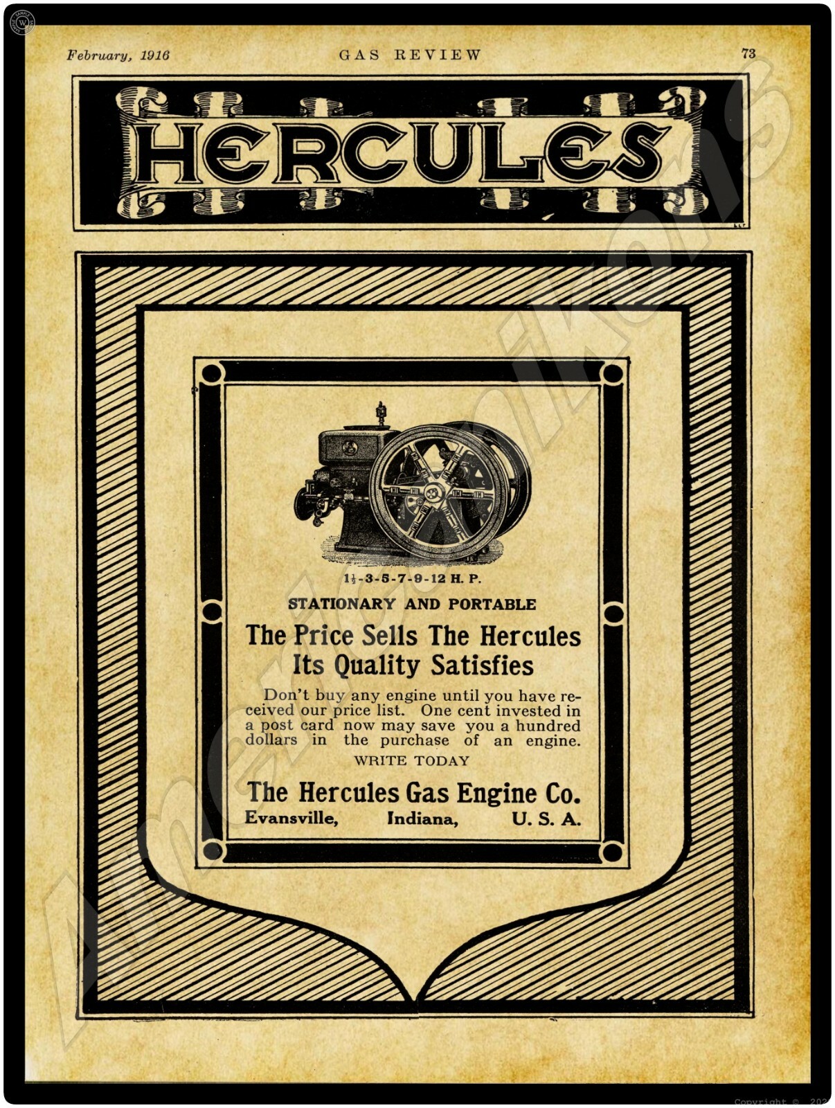 1916 Hercules Gas Engine New Metal Sign: Evansville, Indiana – Stationary & Port