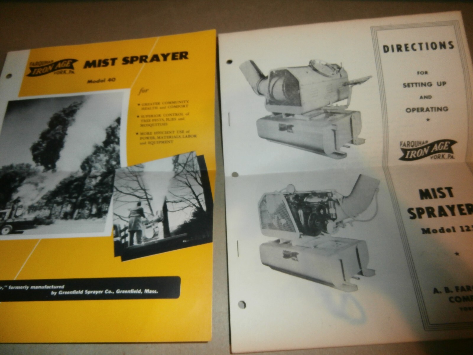 2 Vintage Farquhar Iron Age York PA Super Mist Sprayer Brochures 125 & 40
