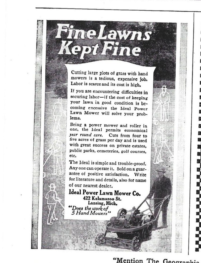 Ideal Power Lawn Mower Co Large Push Mower Vintage 1920s Print Ad