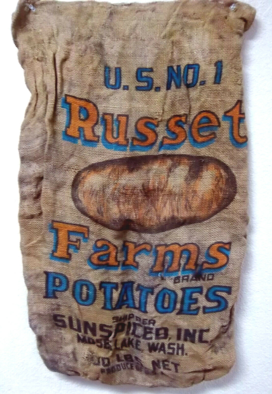 Russet Farms US no. 1 Potatoes (EMPTY) Burlap Bag, great home decor item 33 x 18