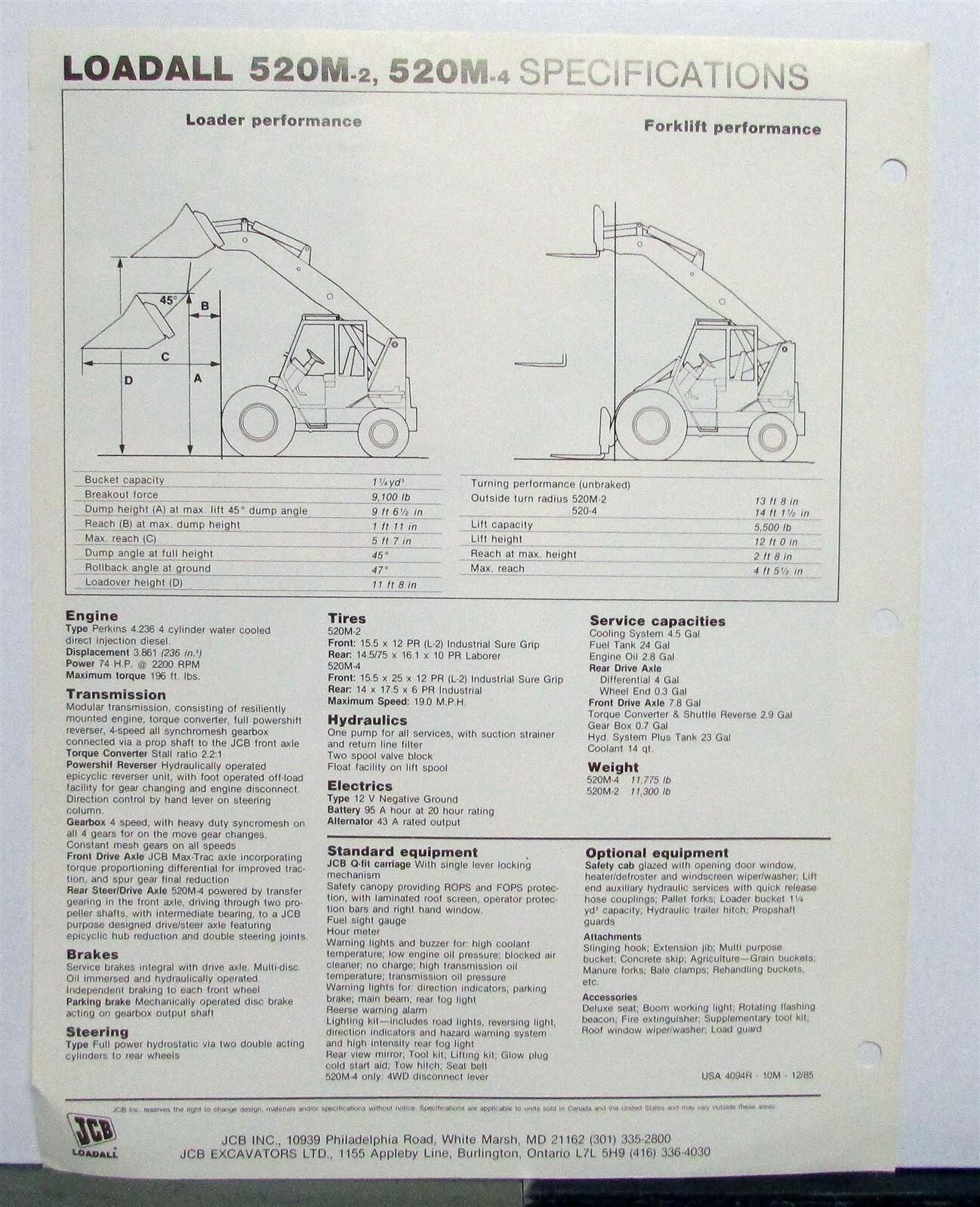 1986 JCB Loadall 520M 2/4 Forklift Specifications Construction Sale Brochure