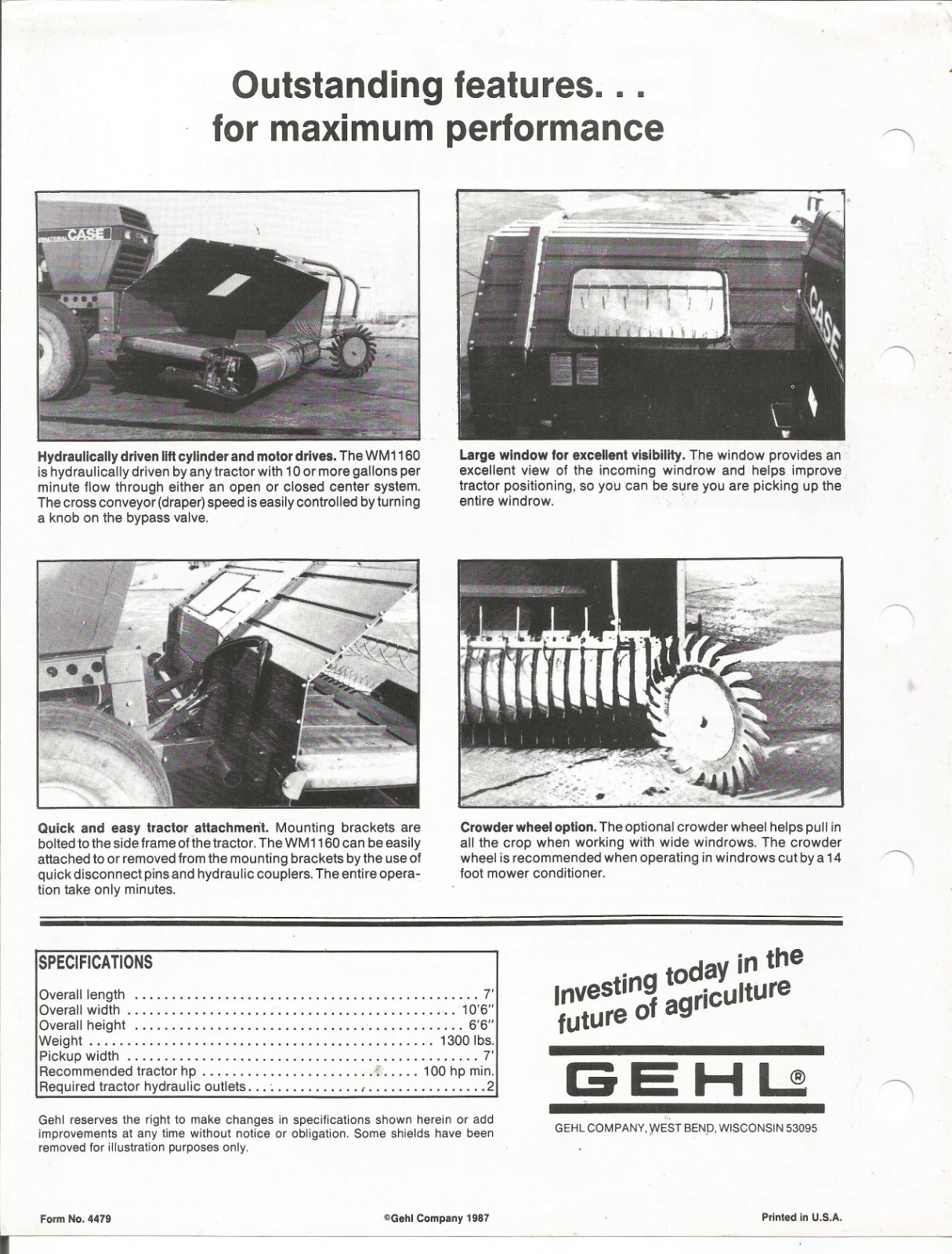Original Gehl Model 1160 Windrow Merger Sales Brochure Spec Sheet Form No. 4479