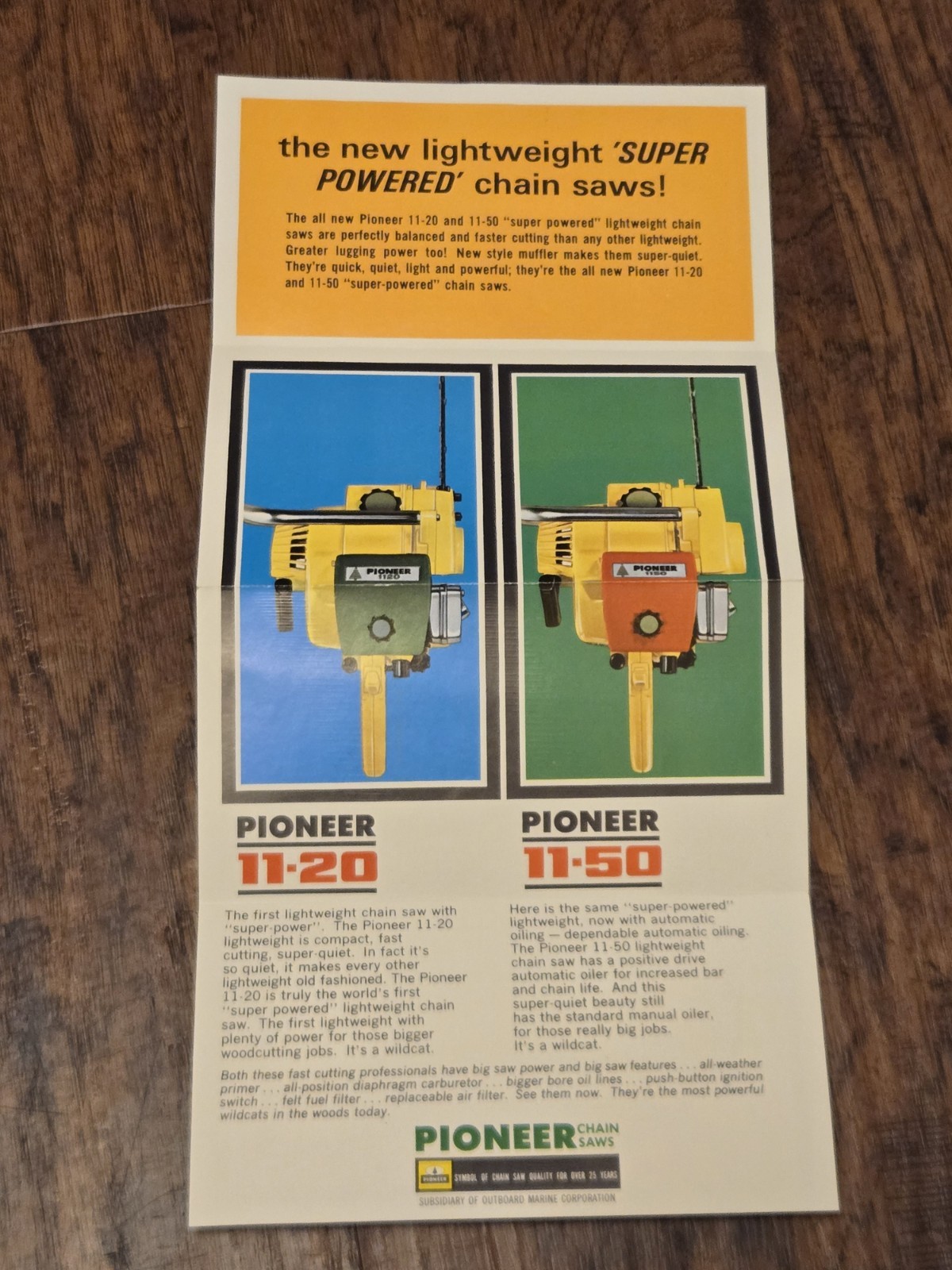 Vintage 1960’s OMC Made Pioneer Chainsaw Brochure For 11-20 & 11-50 “Wildcats”