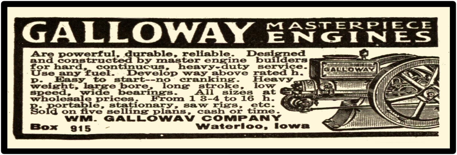 Galloway Gas Engines of Waterloo IA Sign, 12″ x 36″ USA STEEL XL Size – 4 POUNDS