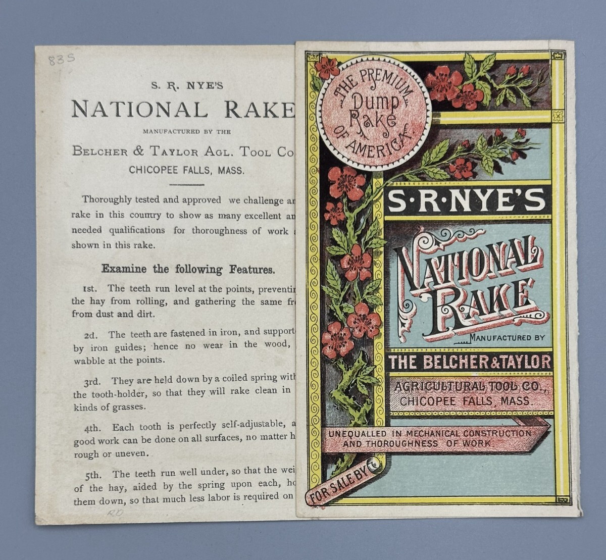 1880s SR NYE’s Rake Victorian FARM Advertising Fold Trade Card CHICOPEE FALLS MA