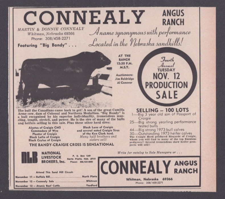 1974 Print Ad Connealy Angus Ranch Whitman Nebraska Production Sale Fourth