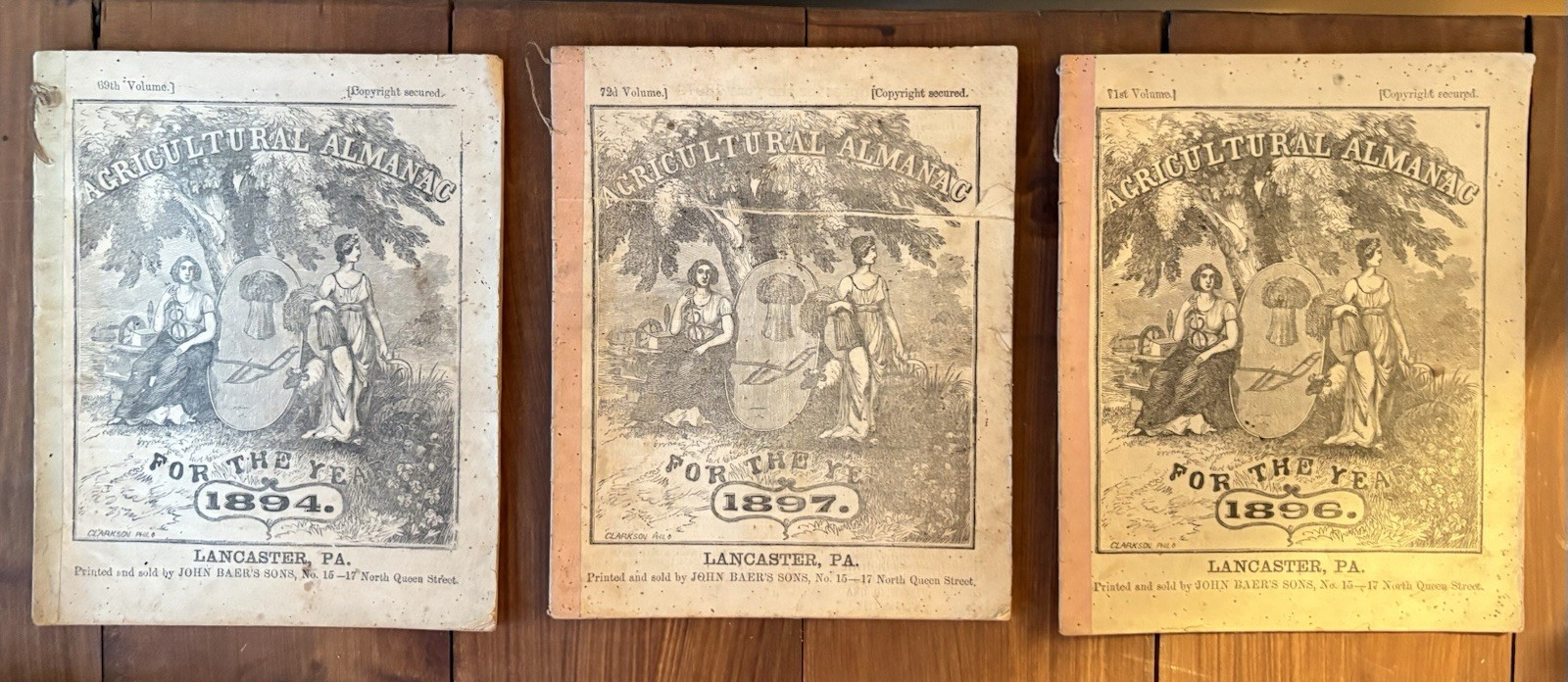 Lot Of 3 John Baer’s Agricultural Almanac Lancaster, PA 1894, 1896, 1897