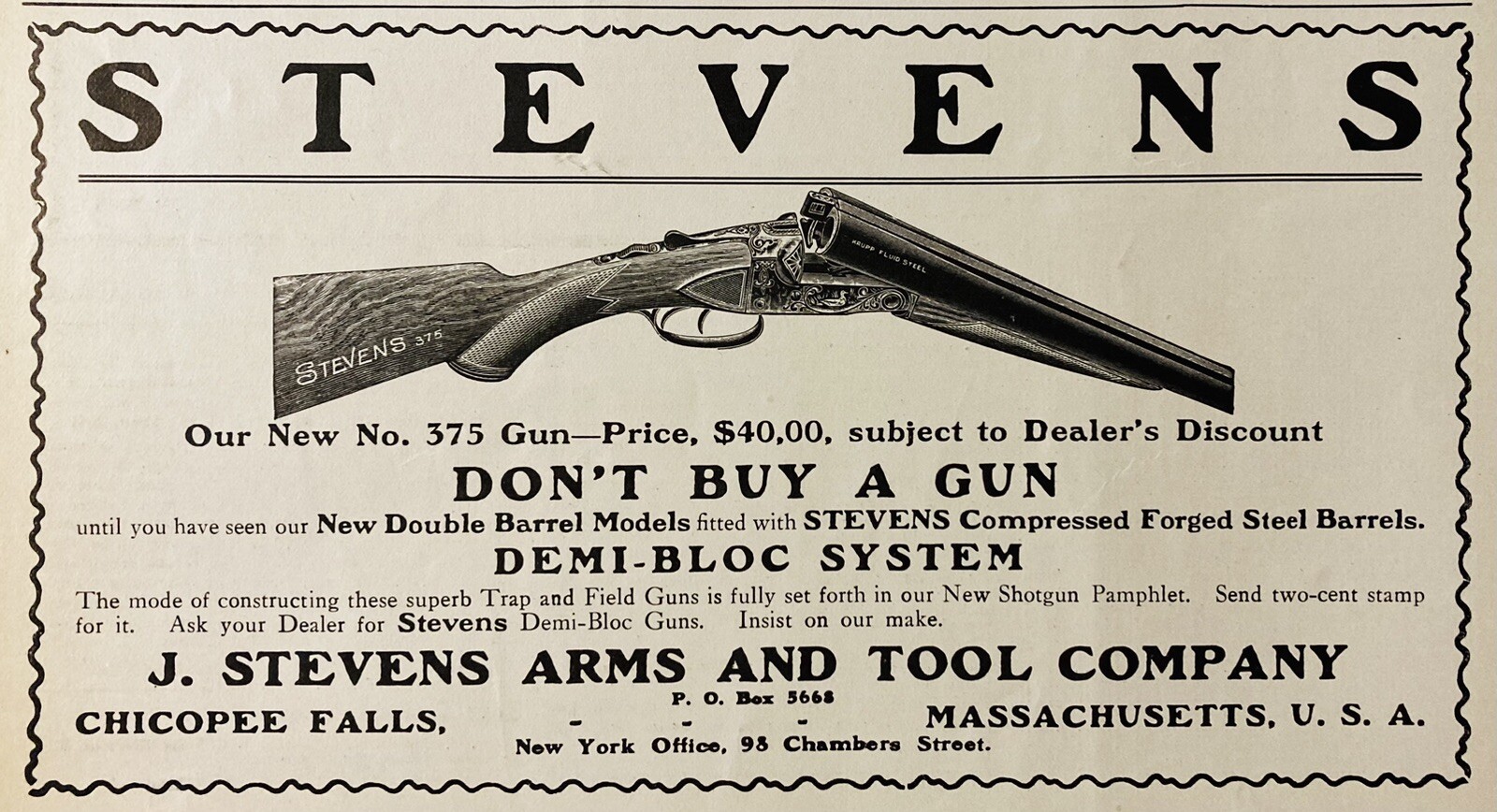 1909 AD.(XH71)~J. STEVENS ARMS & TOOL CO. CHICOPEE FALLS, MASS. NEW NO.375 GUN