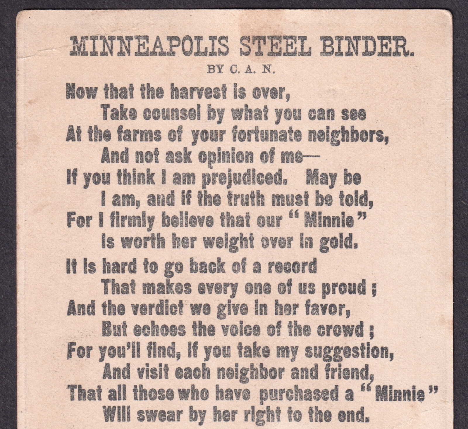 Antique Minneapolis Steel Binder 1880’s Minnie Farm Poem Advertising Trade Card