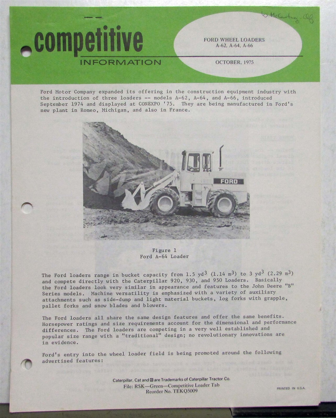 1976 Caterpillar Wheel Loaders Ford Specs Construction Competitive Information