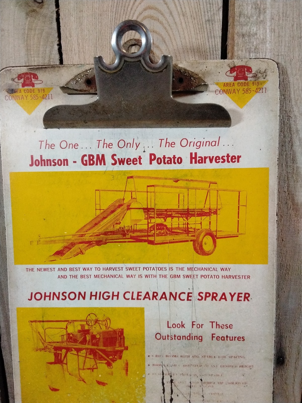 Vintage Johnson Manufacturing Farm Equipment Clipboard 9″X15″