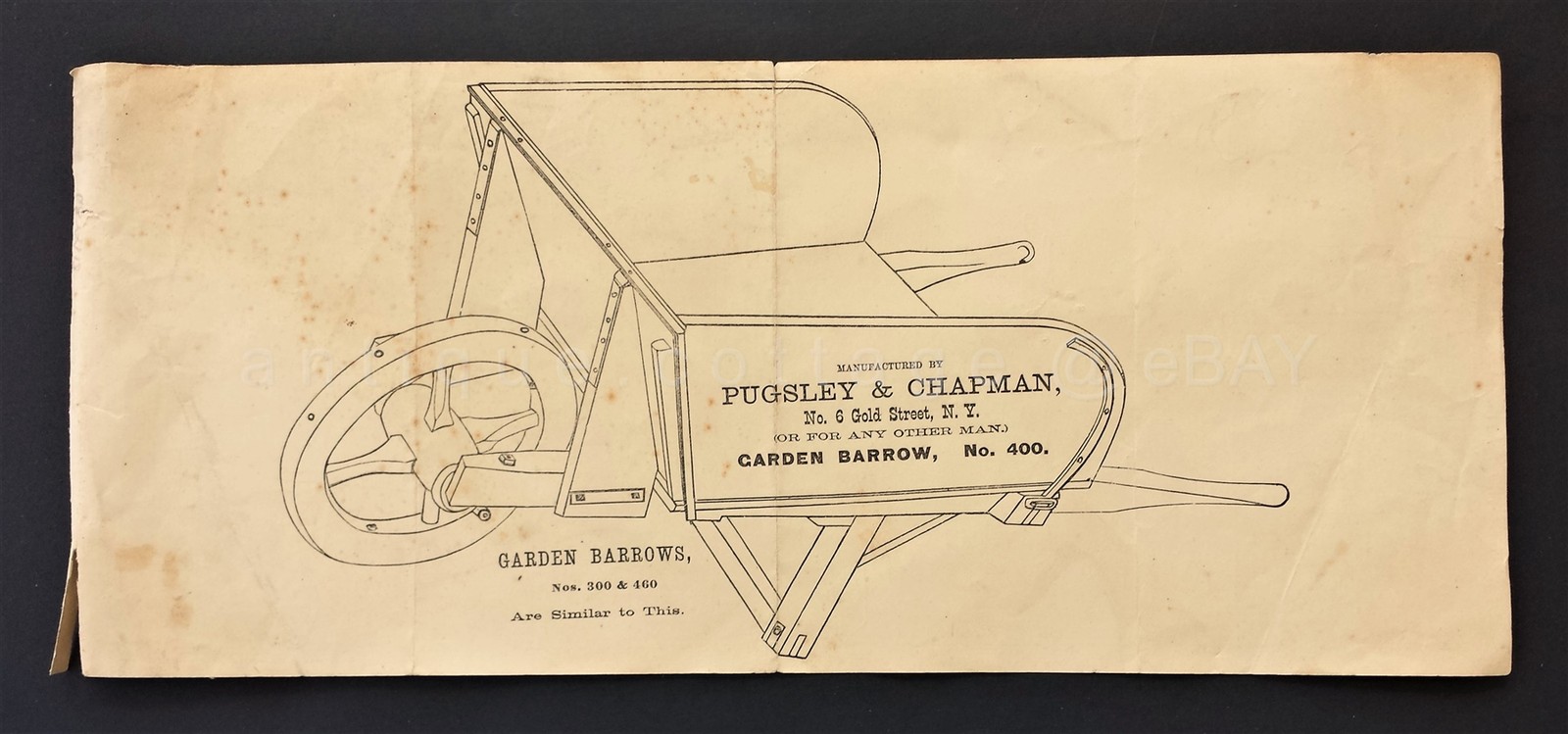 1872 antique PUGSLEY CHAPMAN GARDEN BARROW PRICES farm tool BROADSIDE
