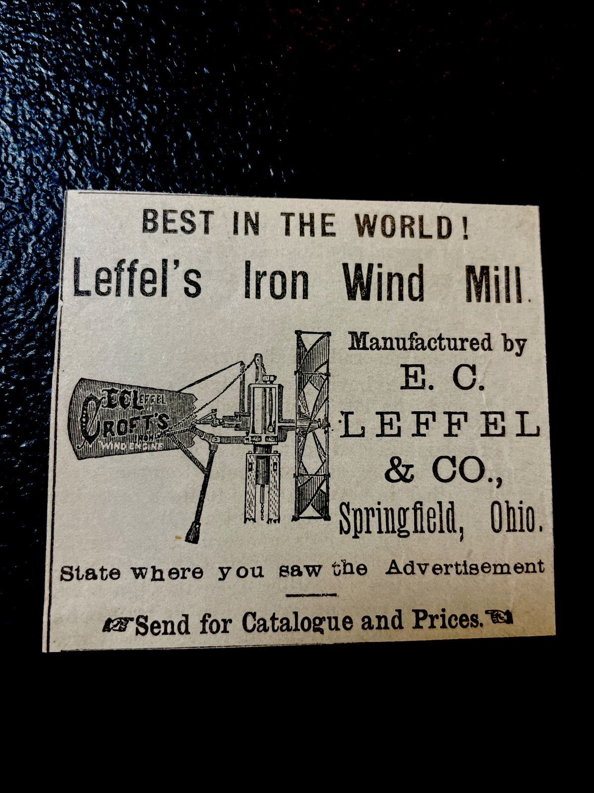1883 Leffel Windmill Farm Advertising Engraving – Springfield – Ohio