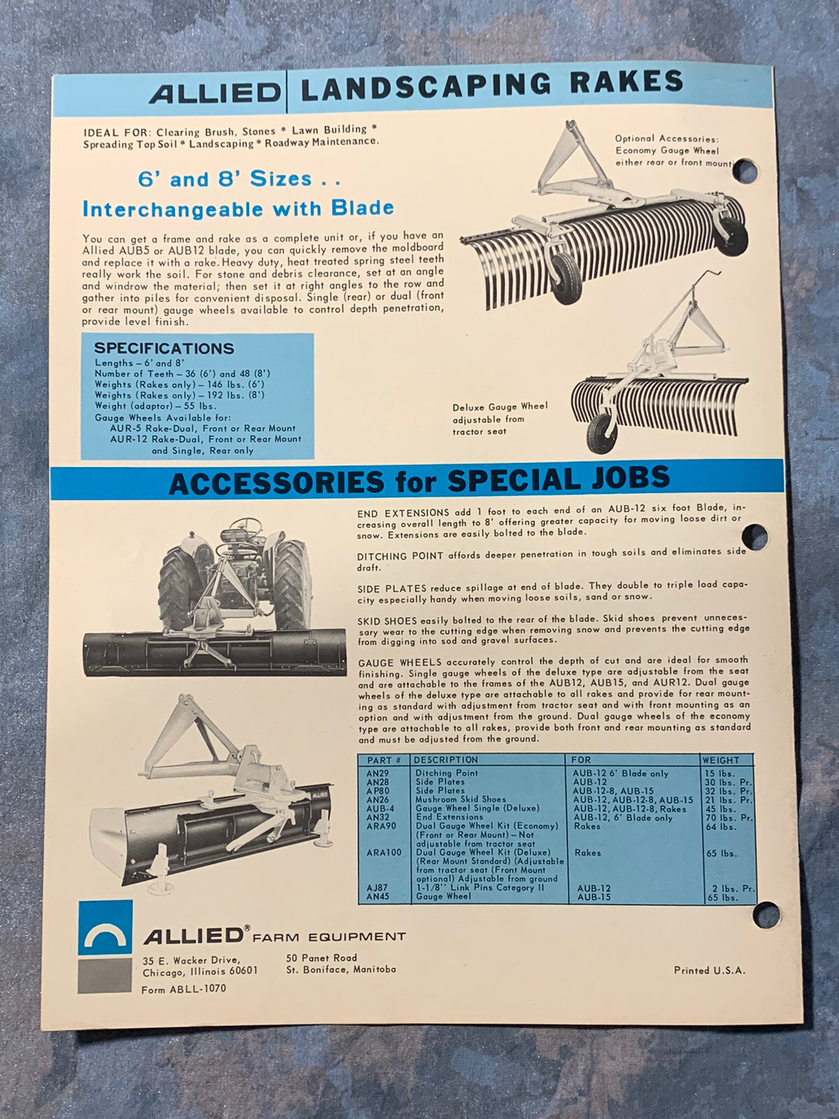 Allied Rear Blades & Rakes ~ Chicago IL ~Sales Info Catalog Page~ Vintage