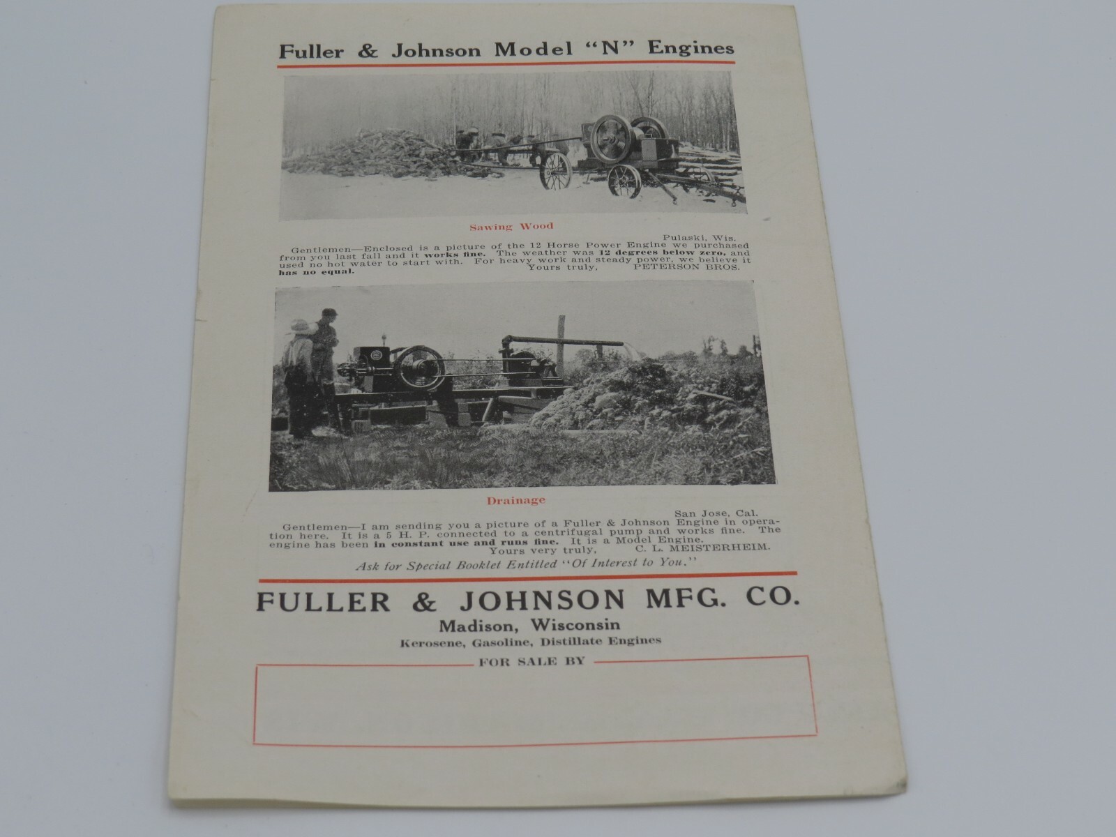 Vintage Fuller & Johnson Model N Gasoline Engines brochure Catalog Hit Miss ORIG