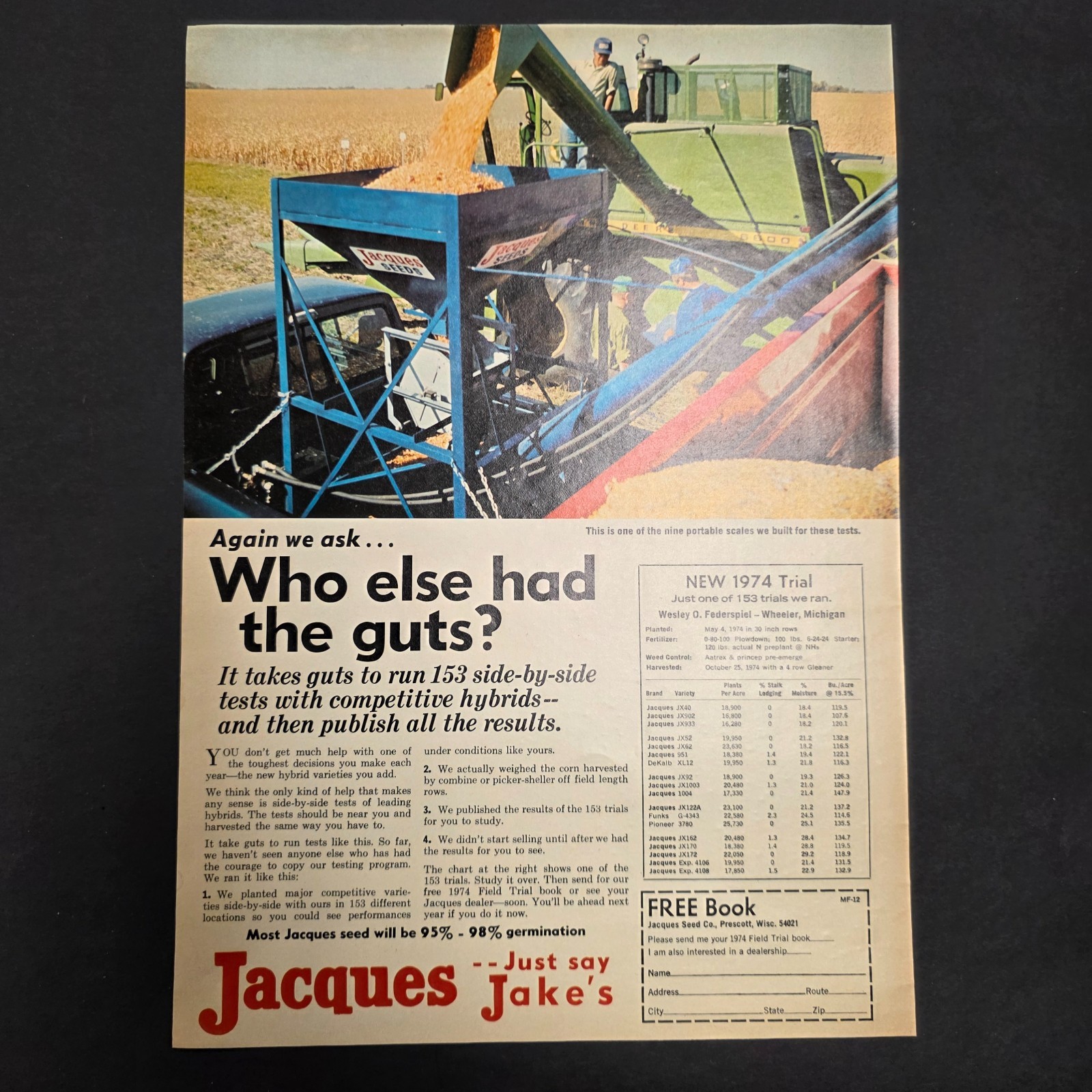 Vintage Jacques Seed Corn Advertisement – 1970s Farmer Farming