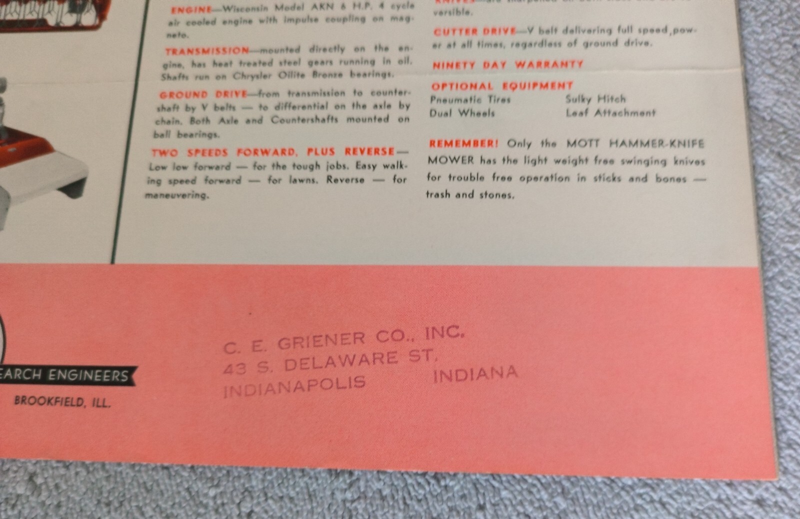 Vintage 1950’s Mott Hammer Knife Mowers Brochure.