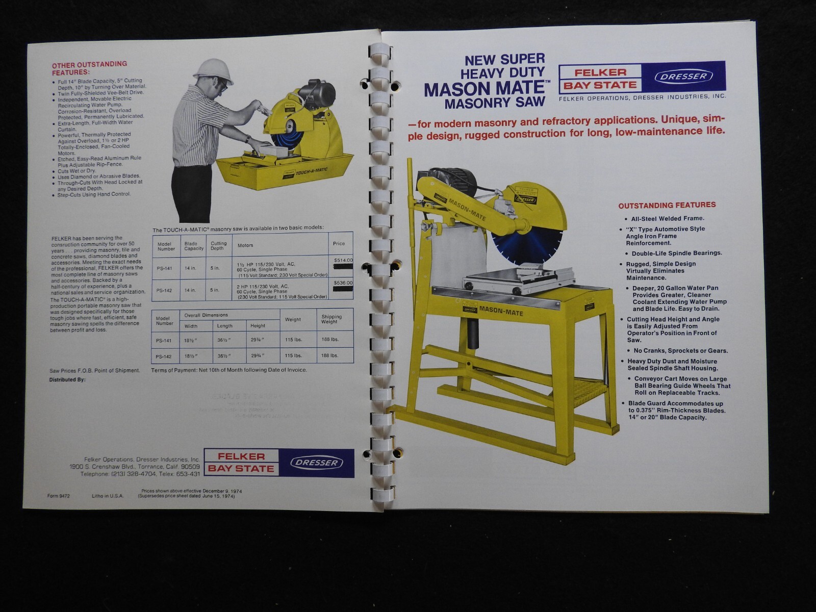 1974 Dresser Felker Bay State Concrete Saw Dealers’ Sales Catalog W/Prices MINTY