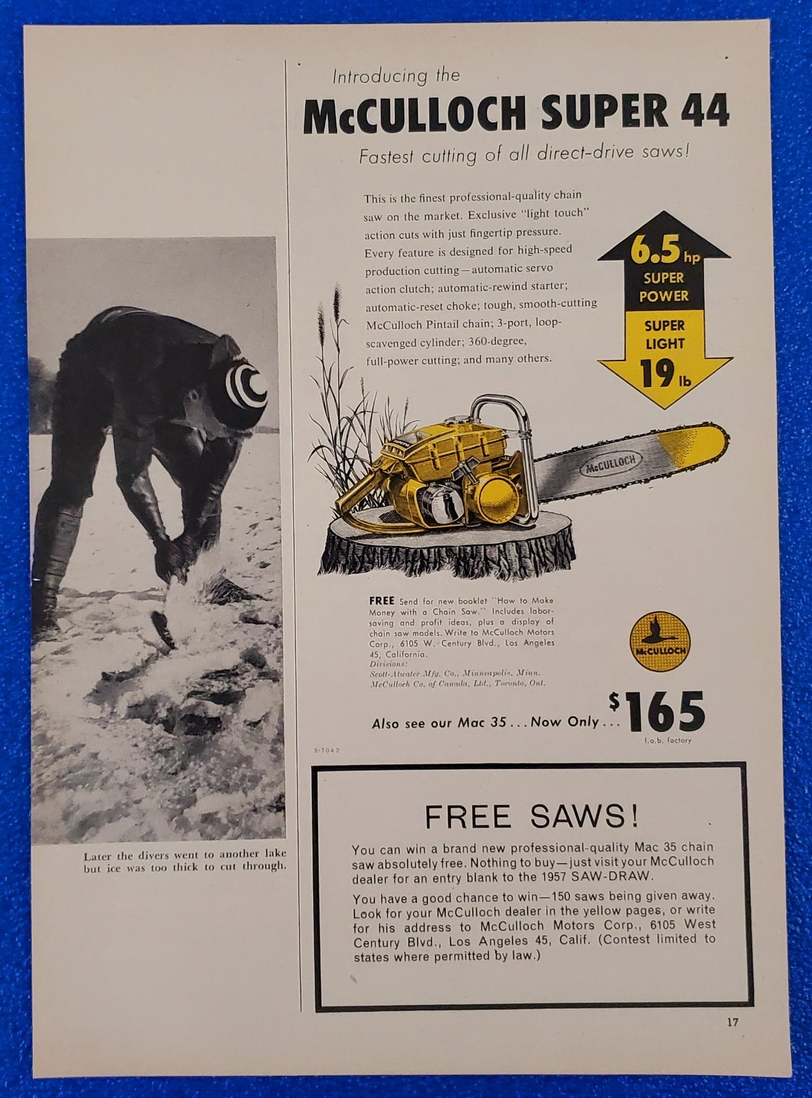 1957 McCULLOCH SUPER 44 CHAIN SAW “SUPER POWER OR SUPER LIGHT” ORIGINAL PRINT AD