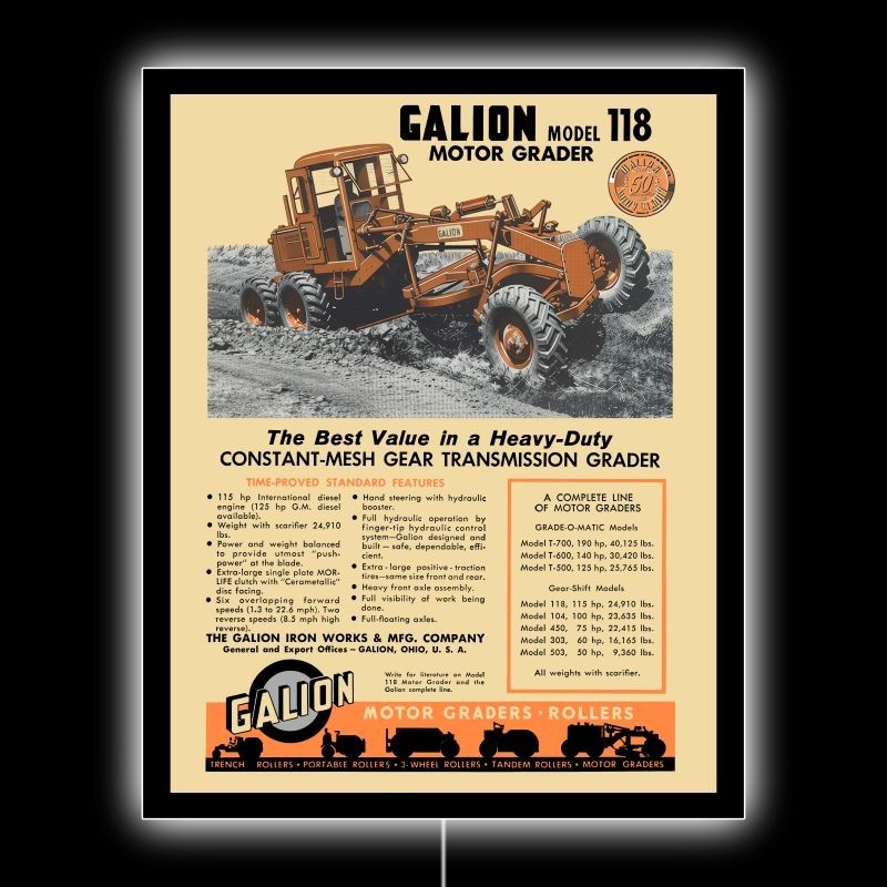 1957 Galion Model 118 Motor Grader – OHIO – NEW LED Hanging Lighted Sign: 18×23″