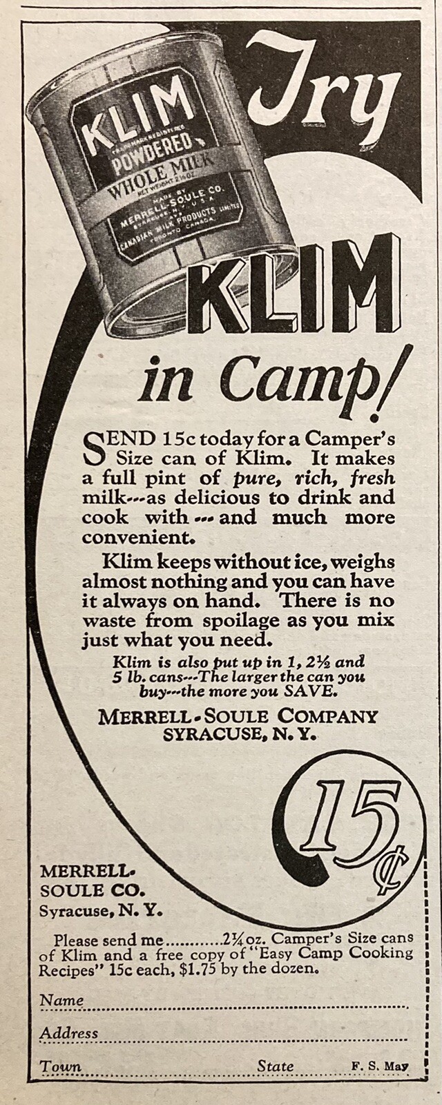 1927 AD.(XH60)~MERRELL-SOULE CO. SYRACUSE, NY. KLIM CAMPERS POWERED WHOLE MILK