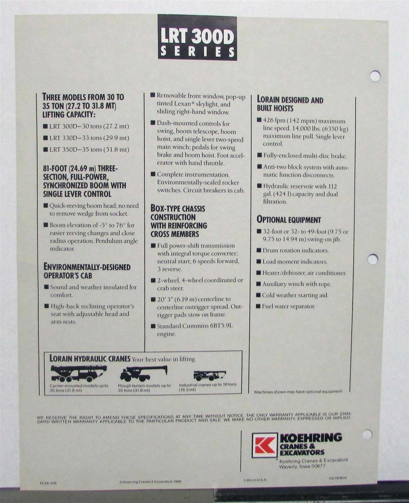 1990 Lorain LRT 300D Rough Terrain Crane Specs Construction Sales Brochure