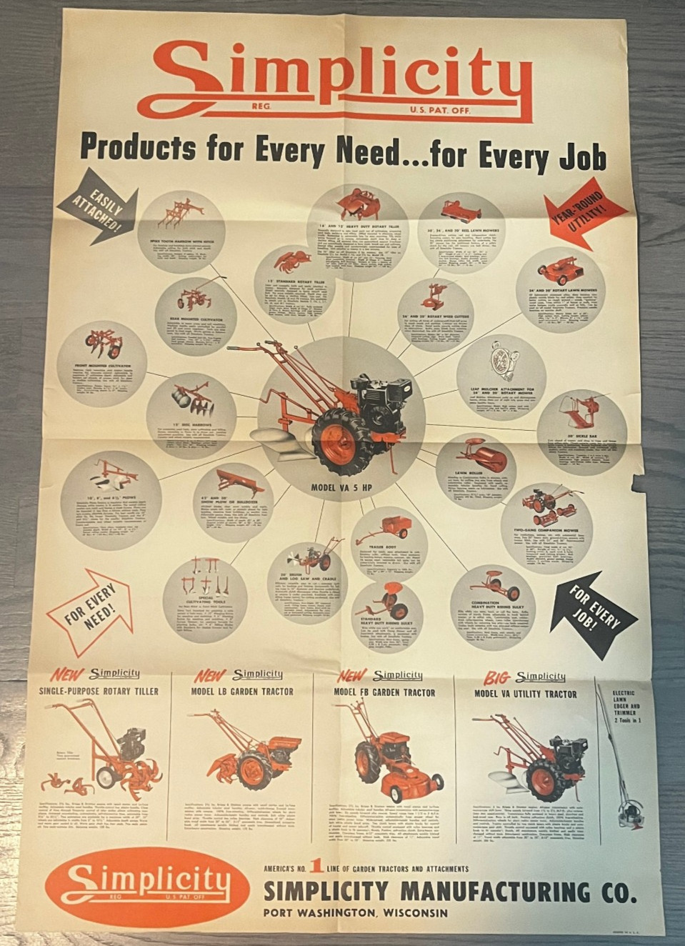 1950’s SIMPLICITY TRACTOR’s & ROTARY TILLER POSTER SIZE BROCHURE AWESOME!