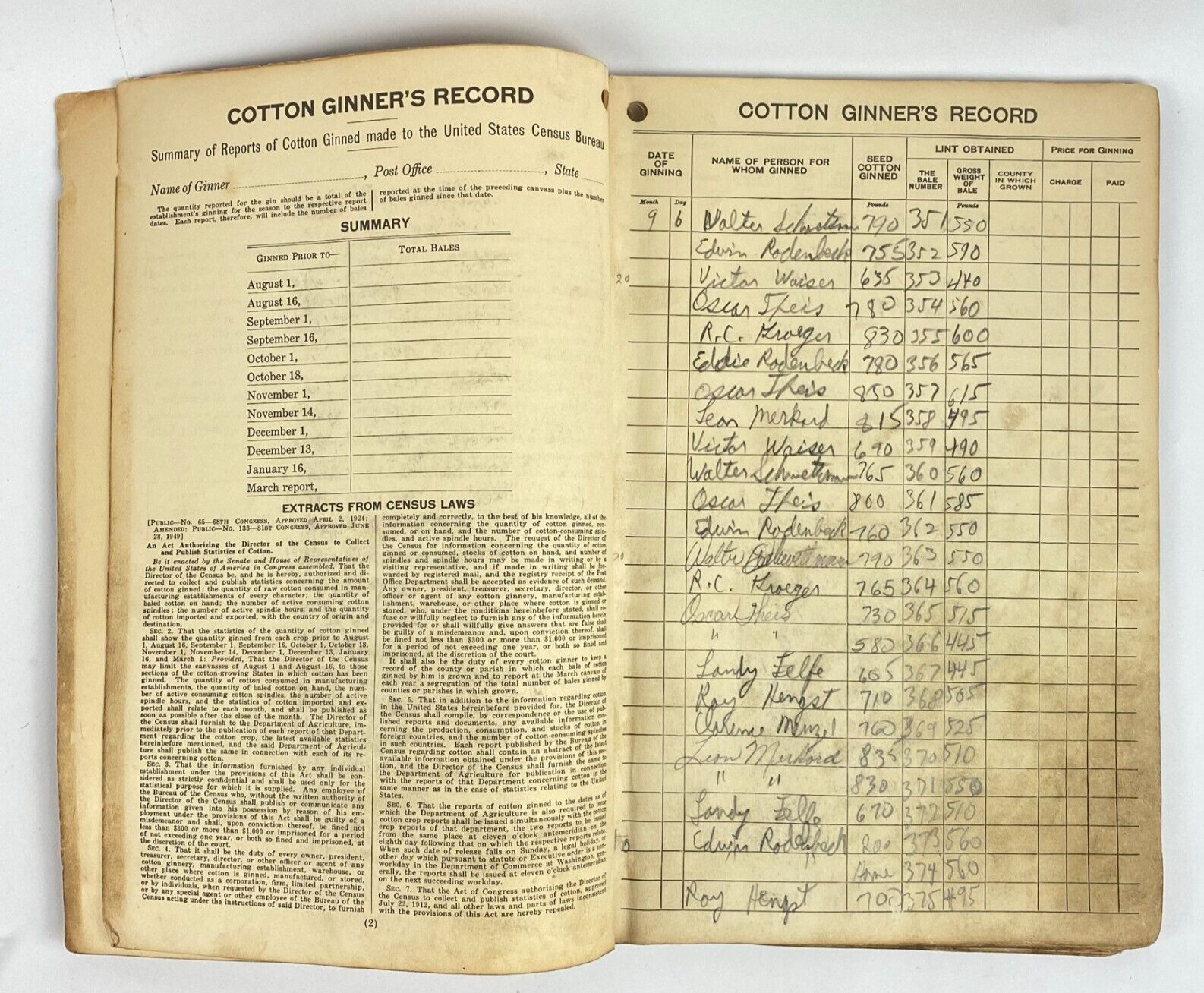 1950’s Dept of Commerce Cotton Ginner’s Record Book Filled Out Vintage