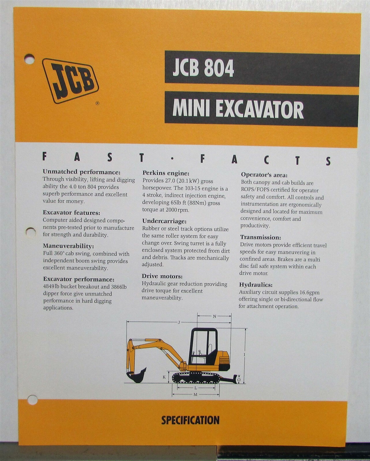 1998 JCB 804 Mini Excavator Specifications Construction Sales Brochure
