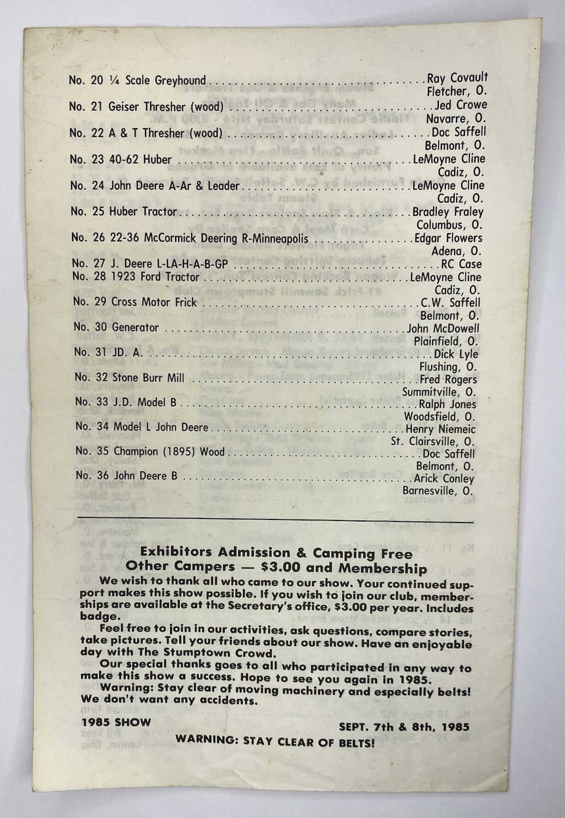 Stumptown Steam Threshers Association Annual Show Program 1984 Ohio Tractors
