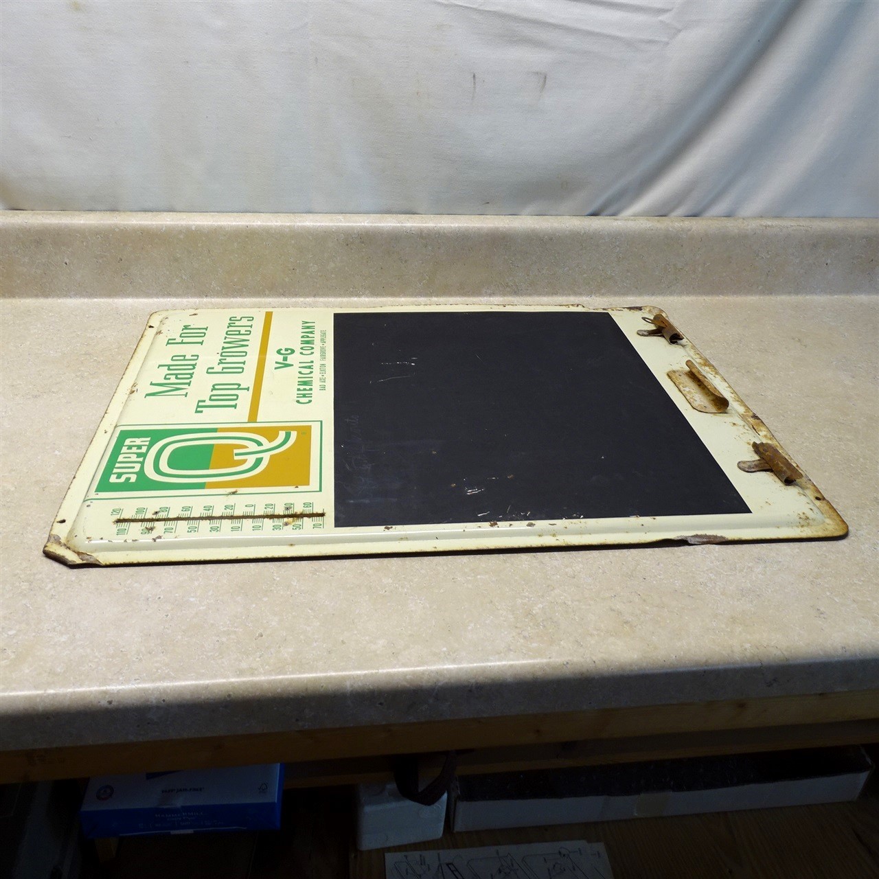 Vintage Super Q Fertilizer Sign Therm, V-G Chem. Co. Ag-Farm Ad, Metal 18″ X 24″