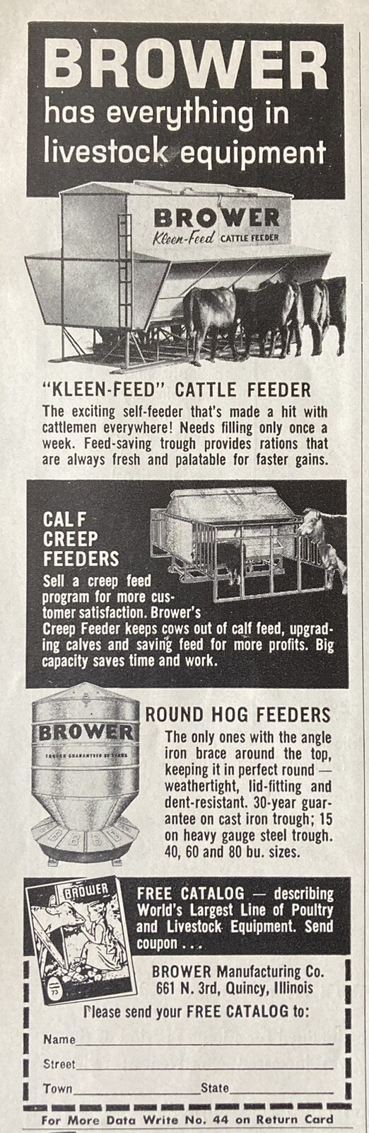 1964 AD.(XH66)~BROWER MFG. CO. QUINCY, ILL. BROWER “KLEEN-FEED” CATTLE FEEDER