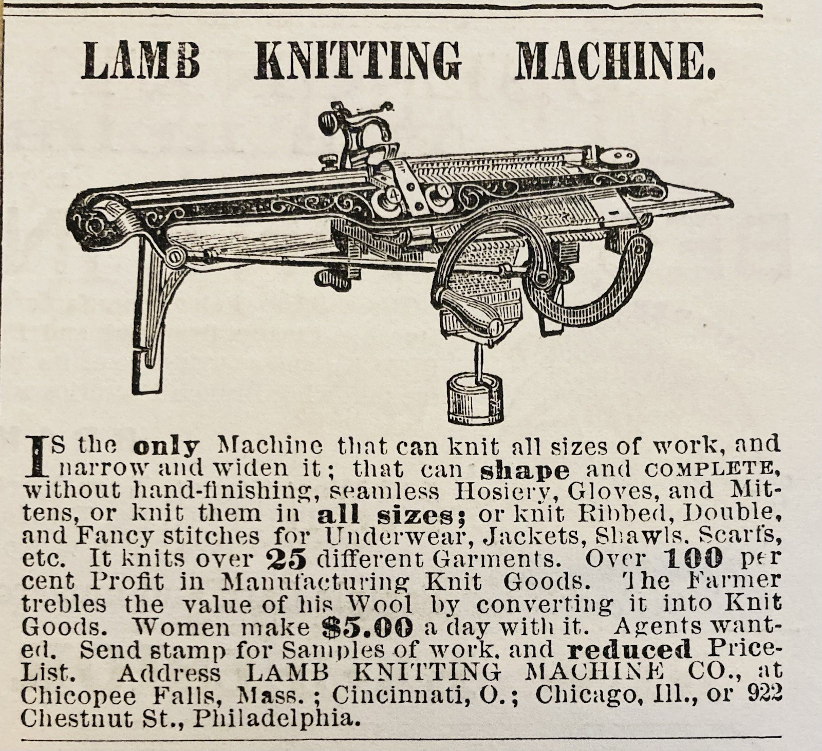 1876 AD.(XH87)~THE LAMB KNITTING MACHINE CO. CHICOPEE FALLS, MASS. KNITTER~~