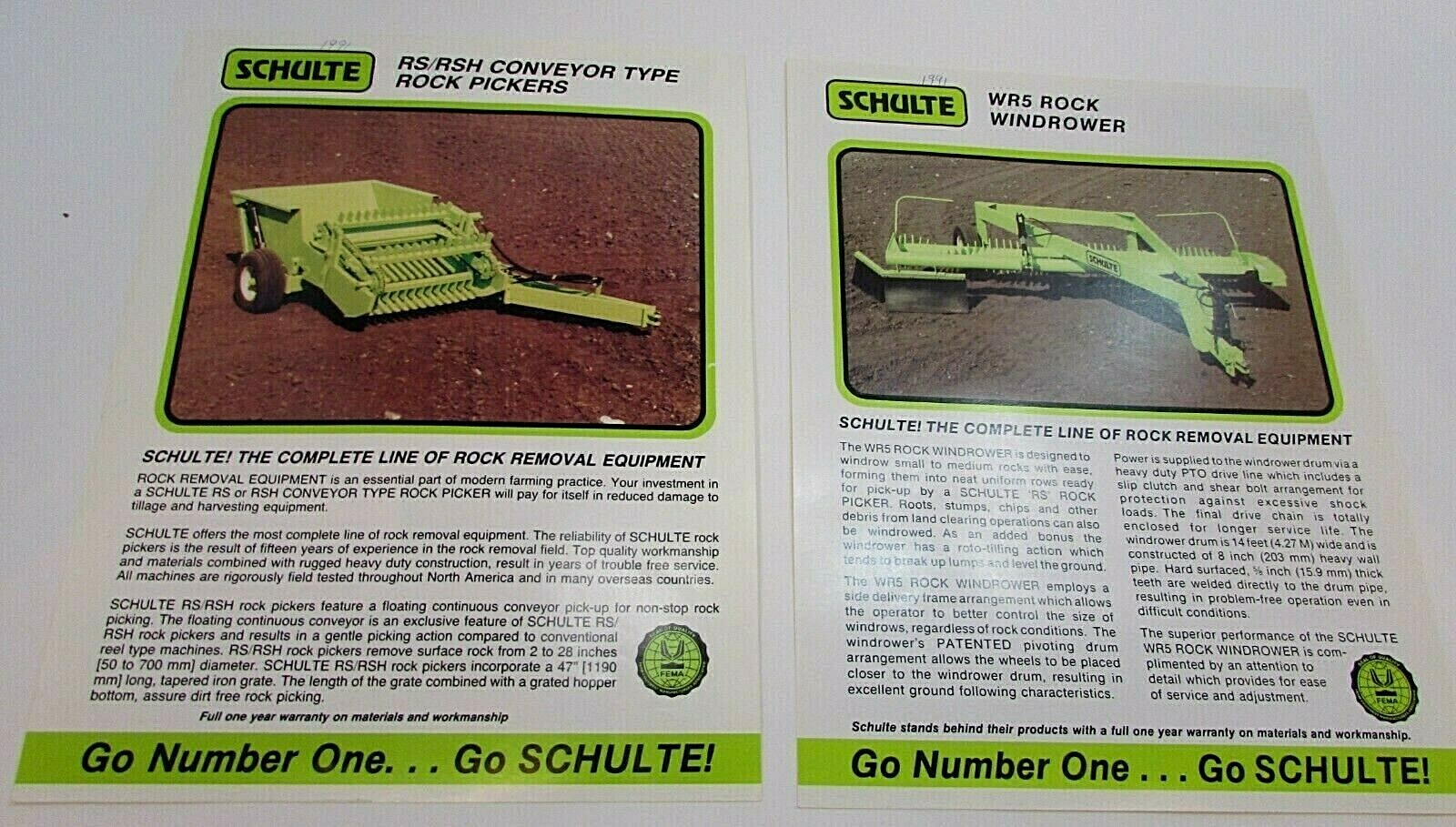 Two 1991 Schulte RS/RSH Conveyer Type Rock Picker WR5 Windrower Pages FREE S/H
