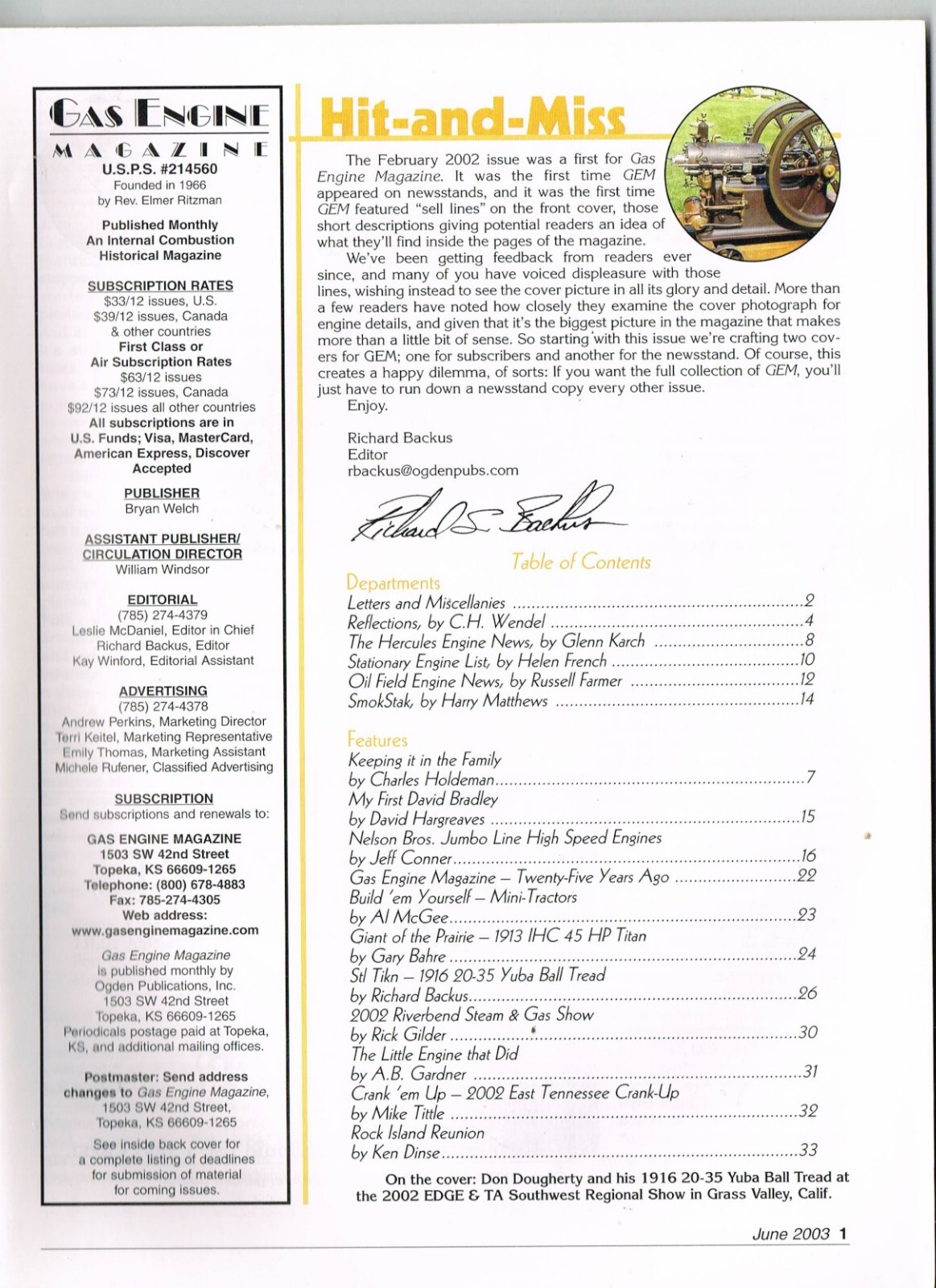 GAS ENGINE magazine June 2003, Yuba Ball Tread, IHC 45HP Titan