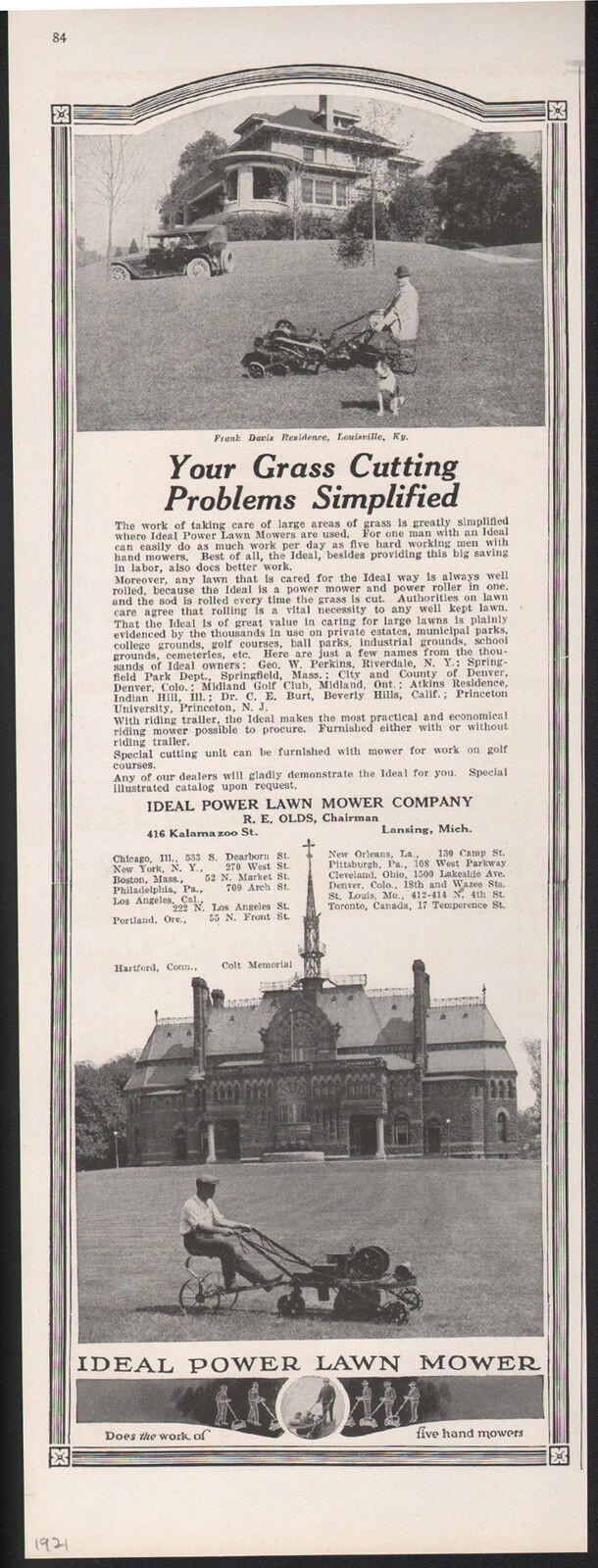 1921 IDEAL POWER LAWN MOWER HOME GRASS MACHINE MOTOR LANSING R.E. OLDS20209